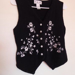 Black Knit Sweater Vest with White Embroidery - S/XS